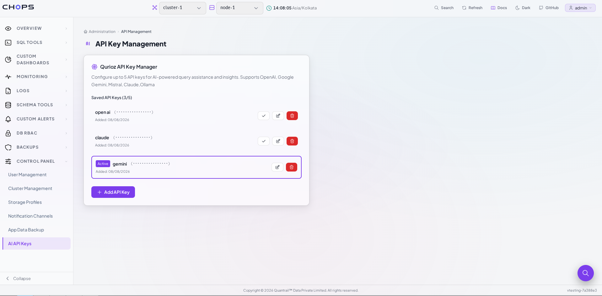 The Qurioz API Key Manager with a verified, active provider key