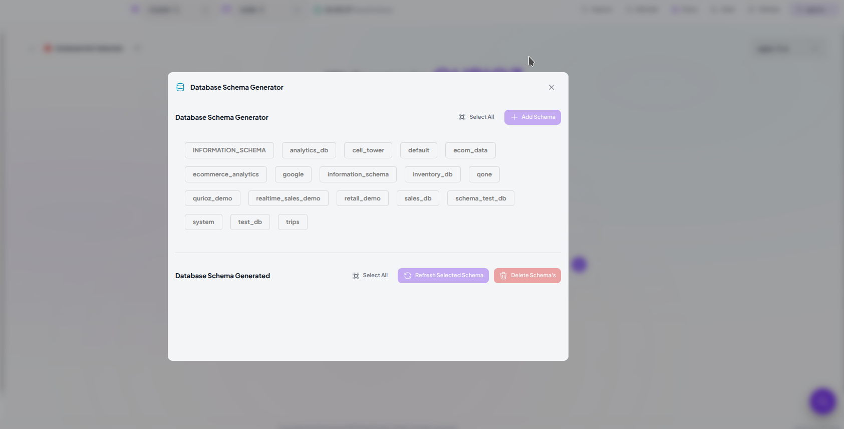 The Database Schema Generator modal with databases selected