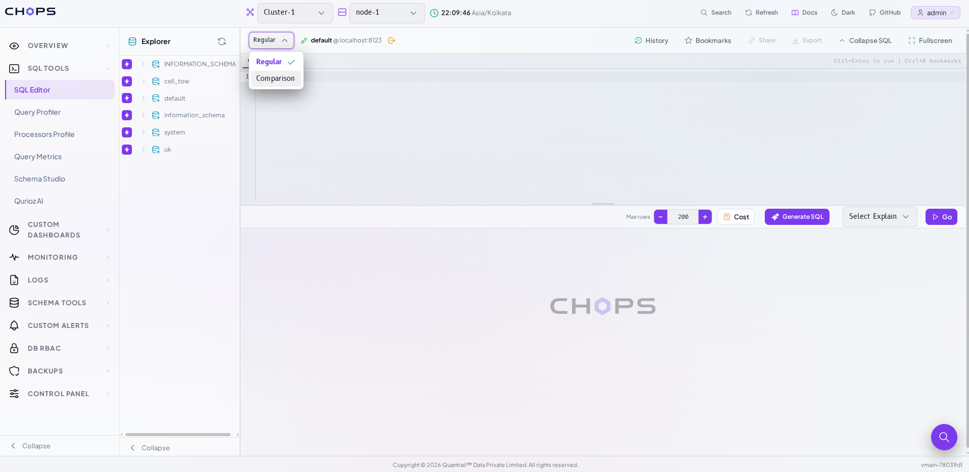 CHOps schema explorer showing databases and tables