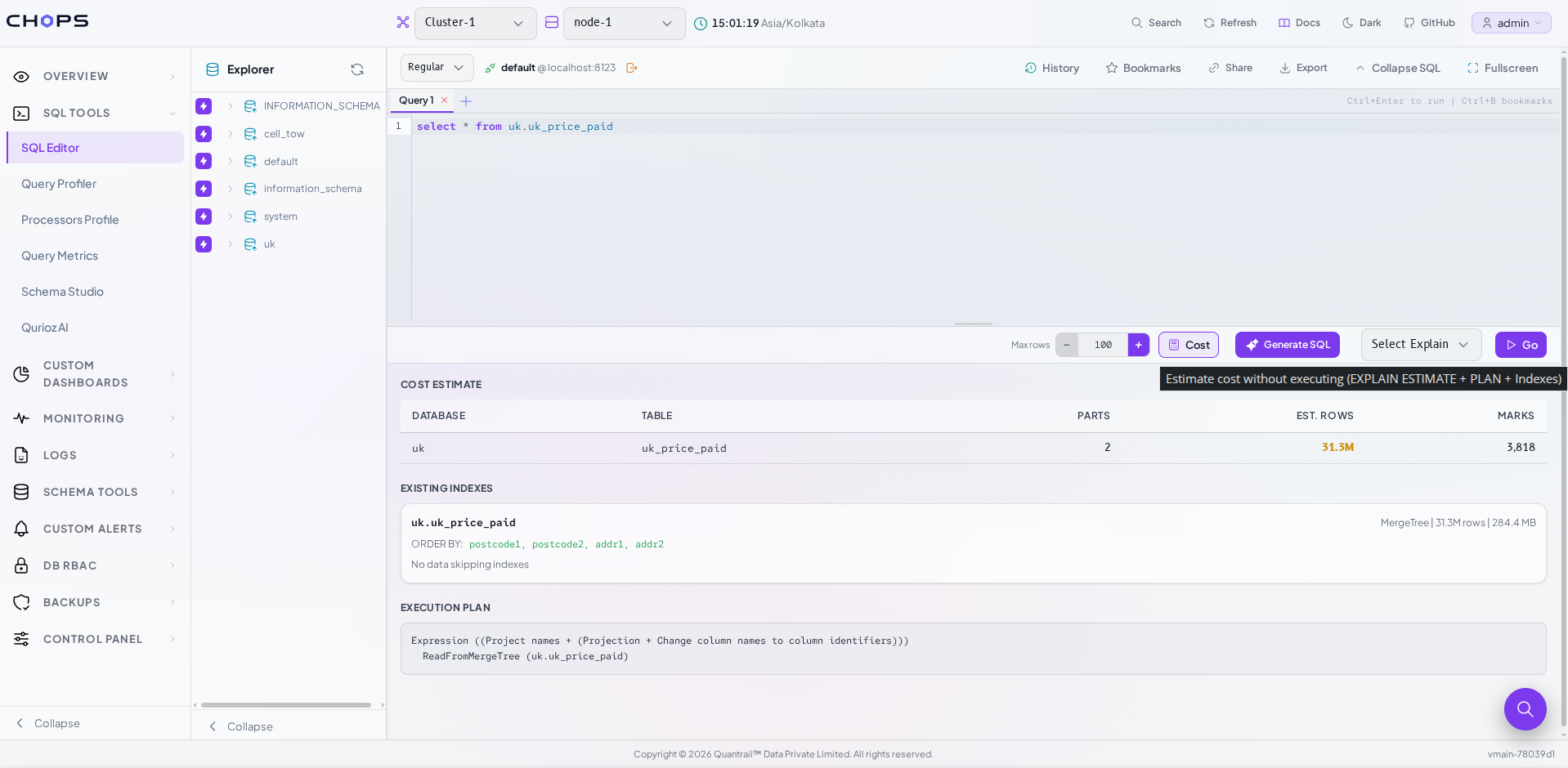 Query cost estimation panel