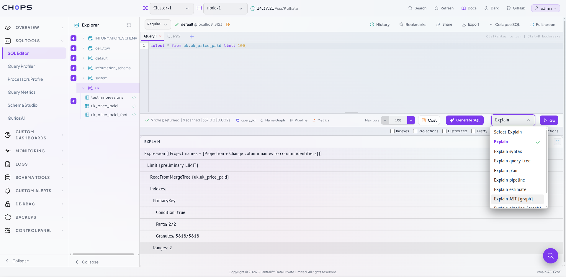 EXPLAIN mode dropdown in CHOps SQL Editor