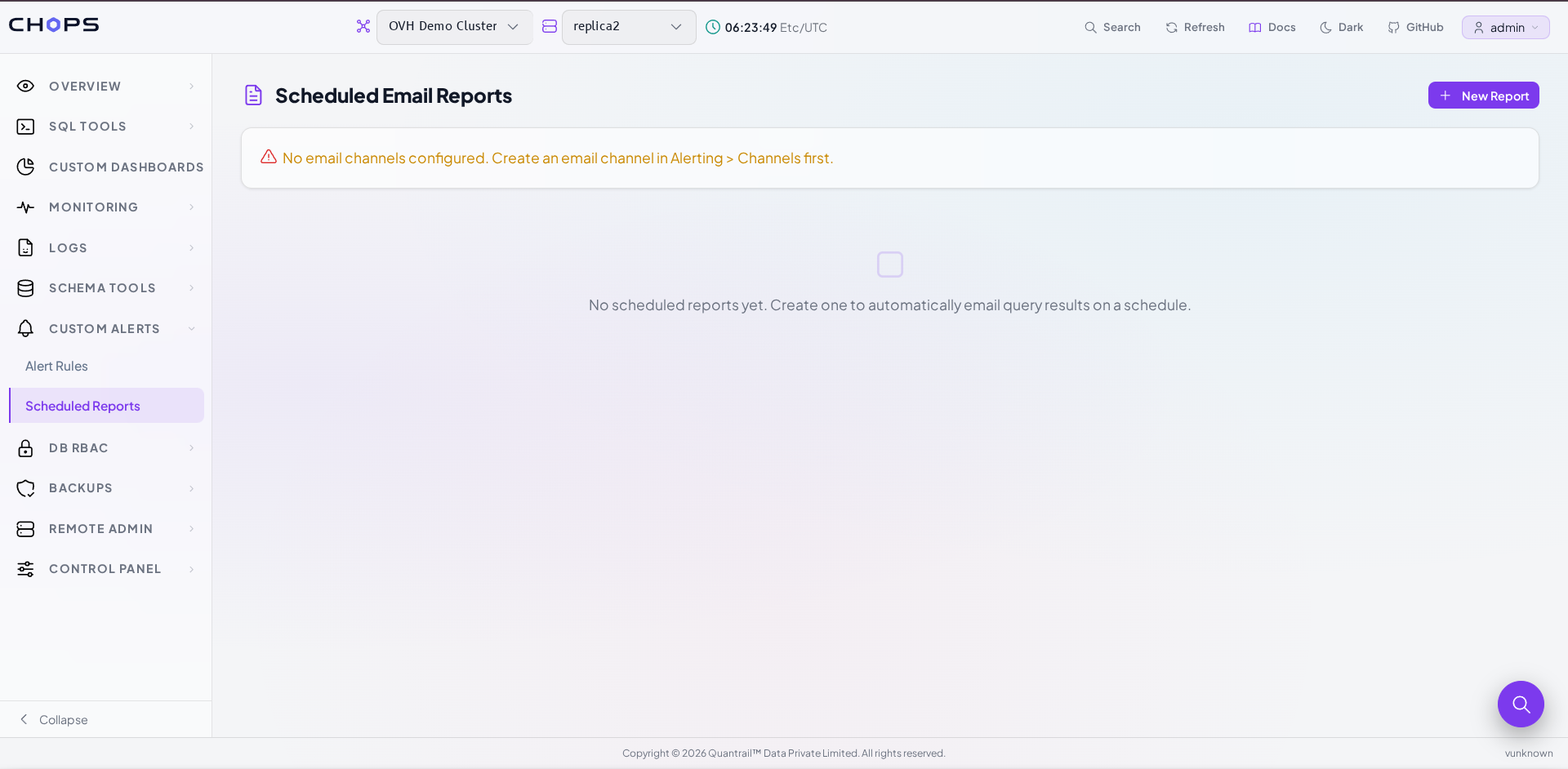 Scheduled Email Reports page showing that an email channel must be configured first.