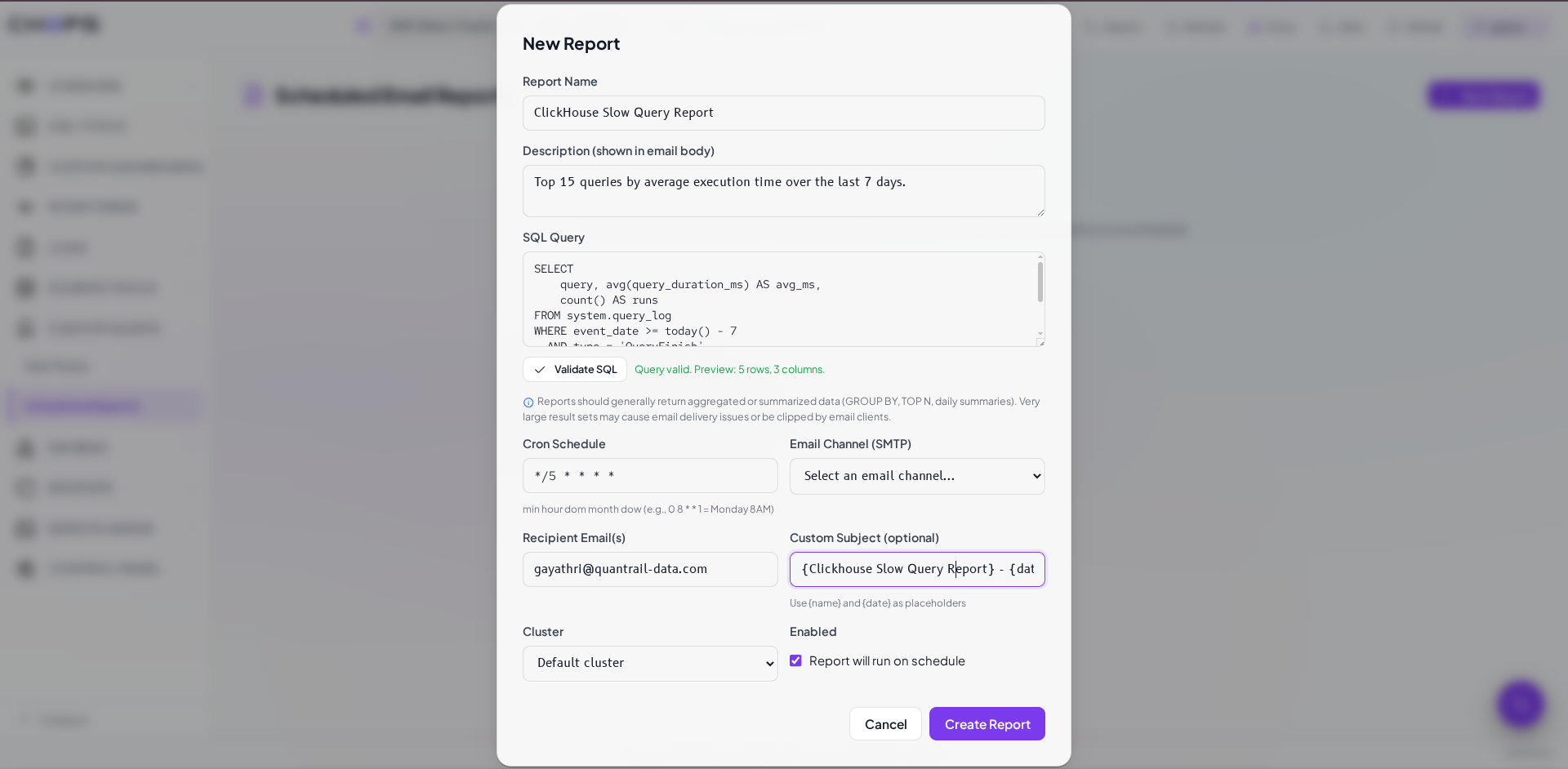 New Report form for configuring a Scheduled Email Report.