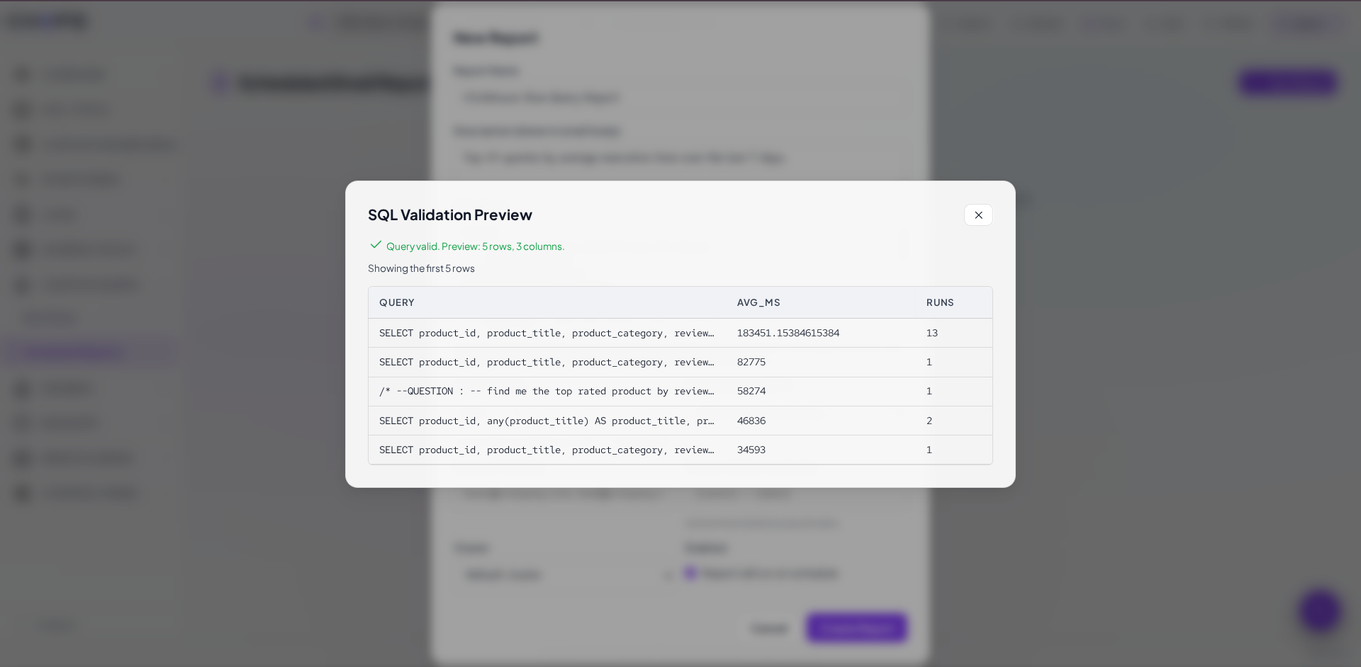 SQL Validation Preview showing the results returned by the report query.