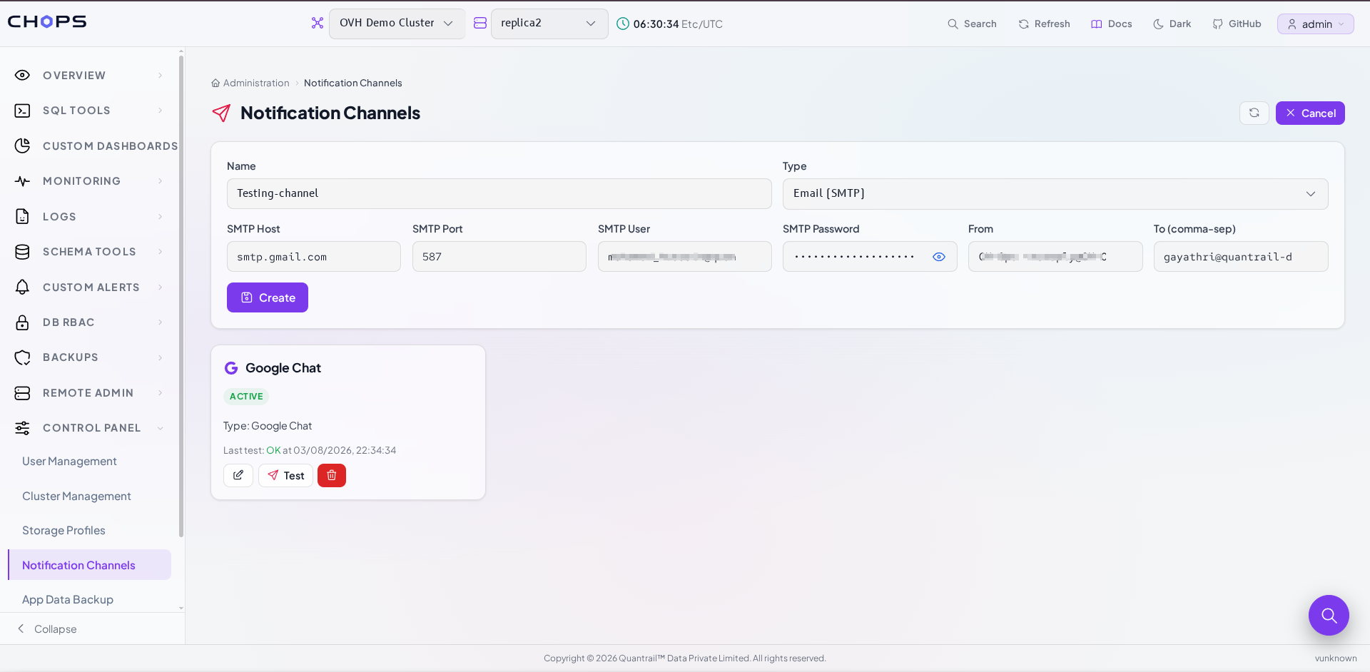 Creating an Email (SMTP) notification channel in CH-Ops.