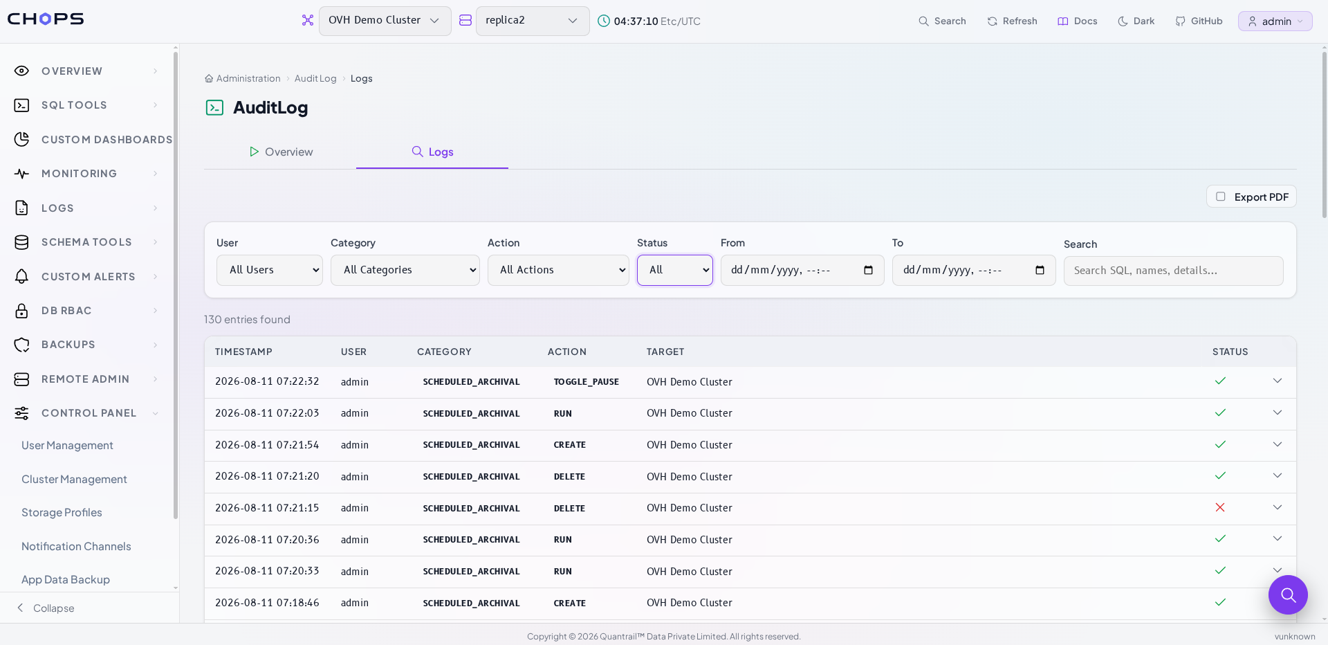 Audit Log → Logs tab