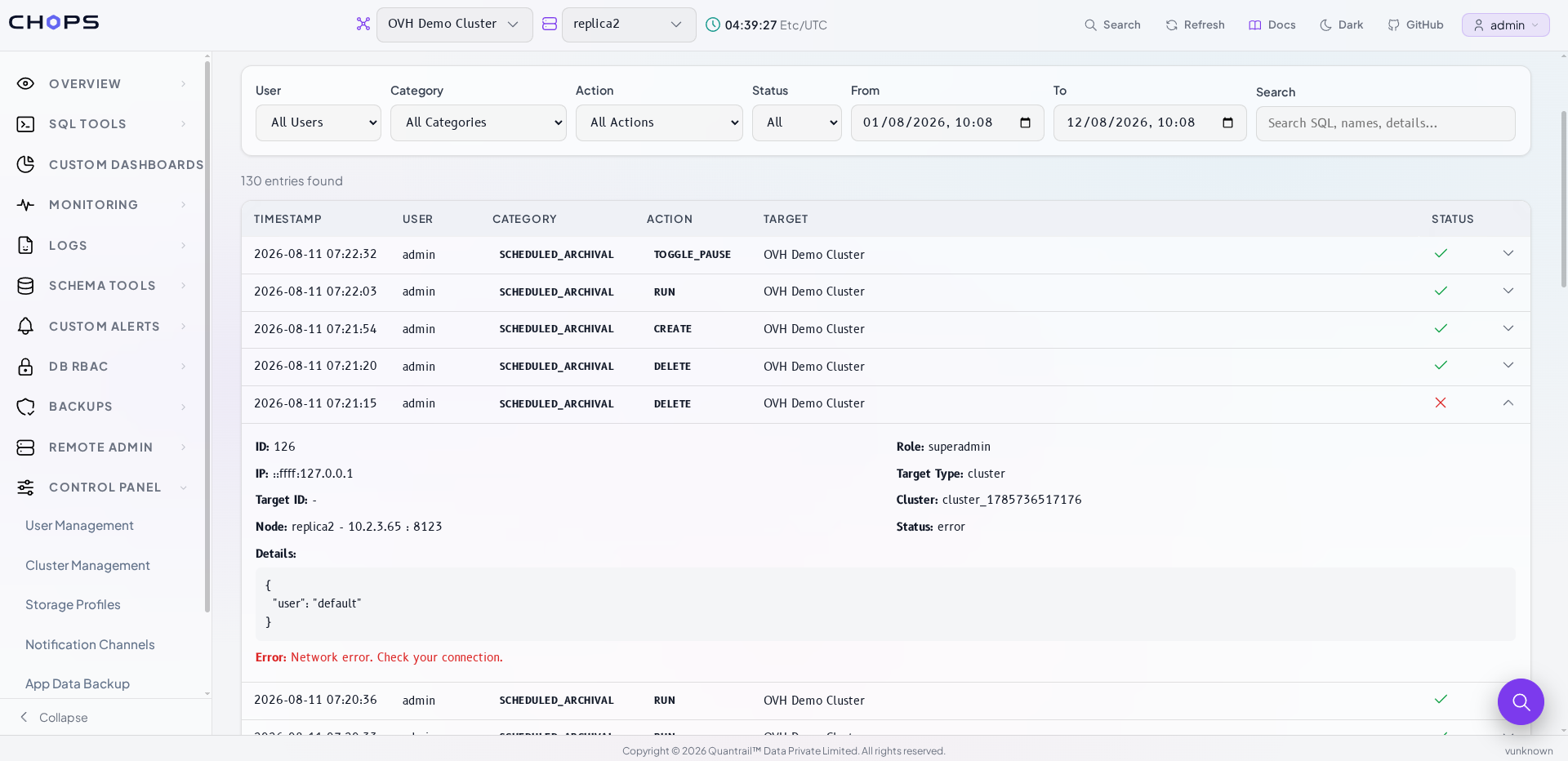 a single expanded row in the Logs tab