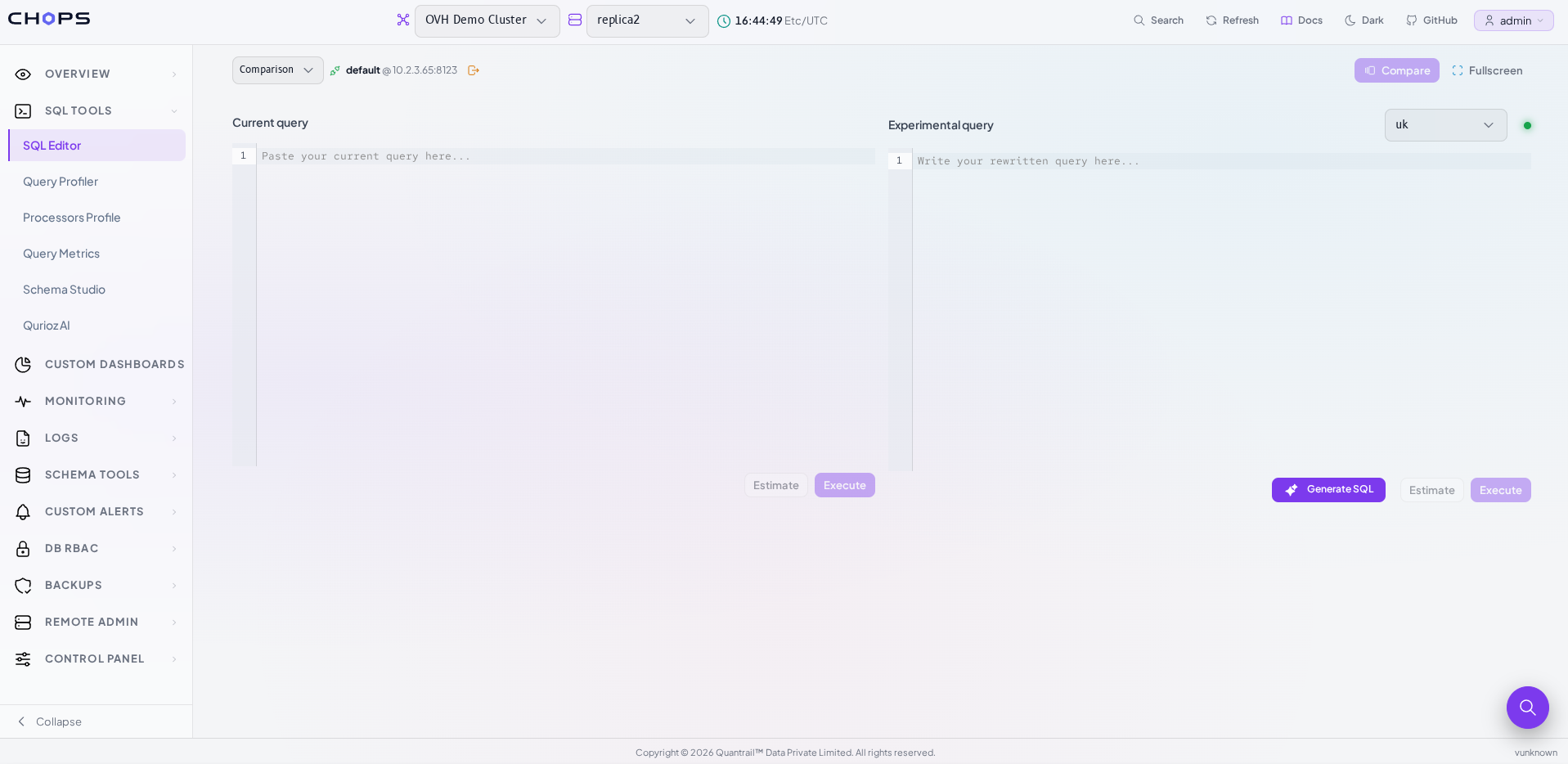 CHOps schema explorer showing databases and tables