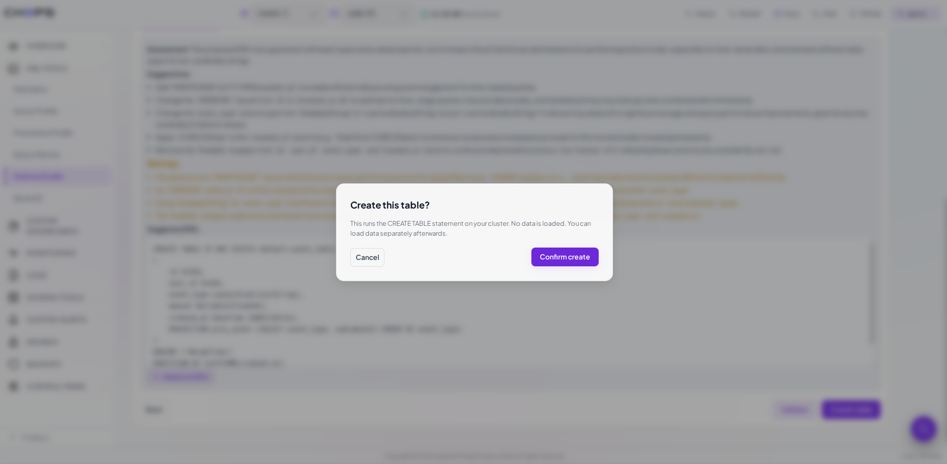 Create Table Confirmation